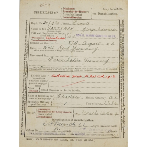 804 - British military World War II four medal group relating to George Edward Harryman of the Royal Worce... 