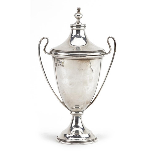 405 - William Bruford & Son, George V silver trophy and cover with twin handles, London 1924, 15cm high, 9... 