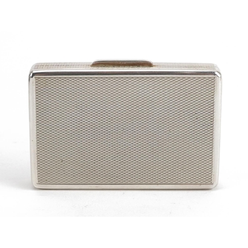 82 - Gallagher, rectangular silver engine turned pillbox with gilt interior and with fitted case, retaile... 