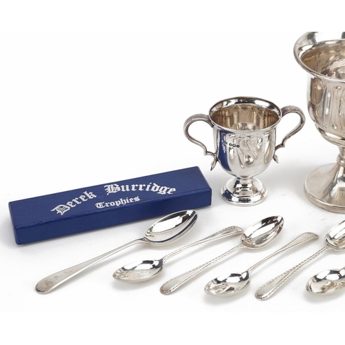 321 - Silver objects comprising set of six silver teaspoons with matching sugar tongs by Mappin & Webb, tw... 