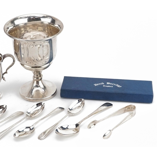 321 - Silver objects comprising set of six silver teaspoons with matching sugar tongs by Mappin & Webb, tw... 