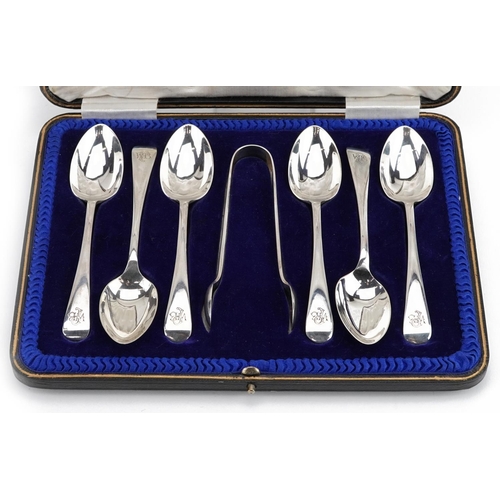 404 - Cooper Brothers & Sons Ltd, set of six George V silver teaspoons with matching sugar tongs housed in... 