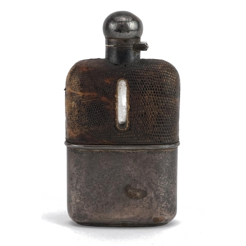 34 - Sampson & Mordan, Victorian silver mounted leather and glass hip flask with detachable cup, London 1... 
