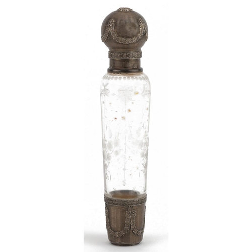 237 - Antique French silver mounted glass scent bottle, the body etched with swags and flowers, 16cm high