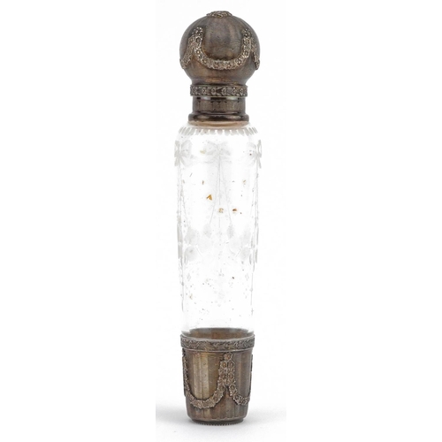 237 - Antique French silver mounted glass scent bottle, the body etched with swags and flowers, 16cm high