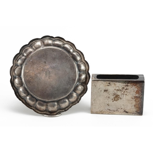 19 - Chinese export silver matchbox case and circular tray embossed and engraved with dragons, the larges... 