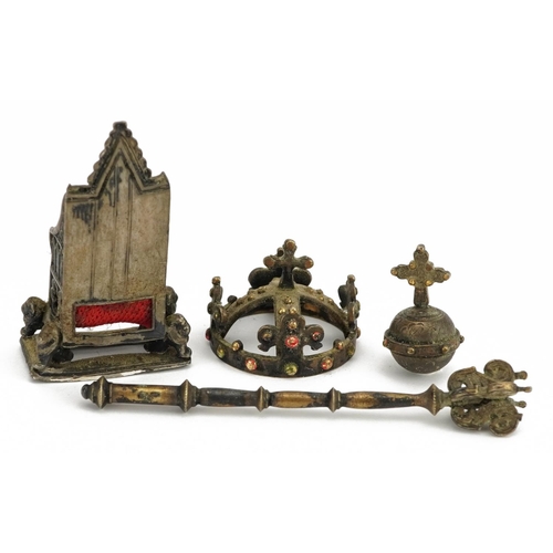 163 - Unmarked silver royal coronation objects comprising crown, orb, sceptre and coronation chair, the la... 