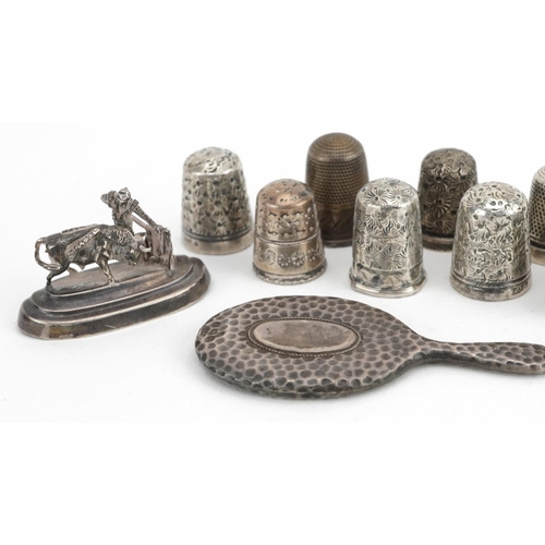 318 - Silver and white metal objects comprising Spanish matador and bull study, chatelaine mirror and eigh... 