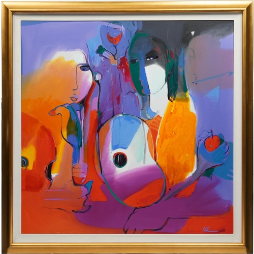 243 - Ali Golkar - Abstract composition, cases with instruments, Iranian school oil on canvas, mounted and... 