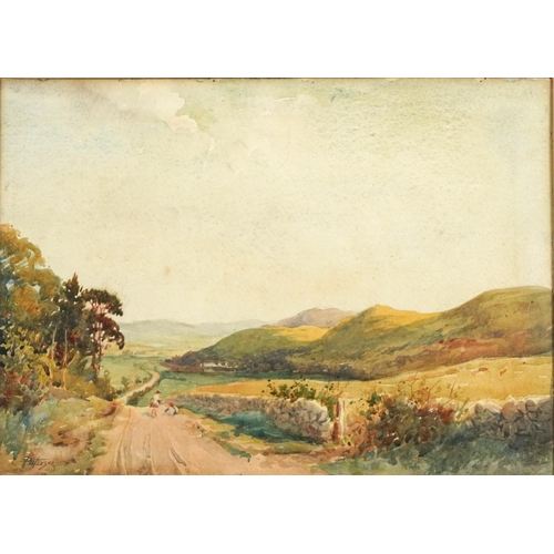 1611 - Tom Paterson - Children playing on a country lane, Scottish watercolour, mounted, framed and glazed,... 