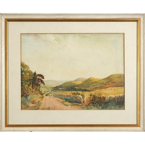 1611 - Tom Paterson - Children playing on a country lane, Scottish watercolour, mounted, framed and glazed,... 