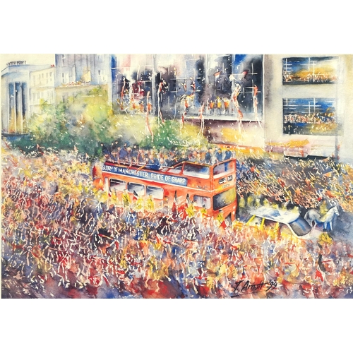 1365 - J Arnott 1999 - Manchester Pride Parade with red double decker bus, pencil signed print in colour, l... 