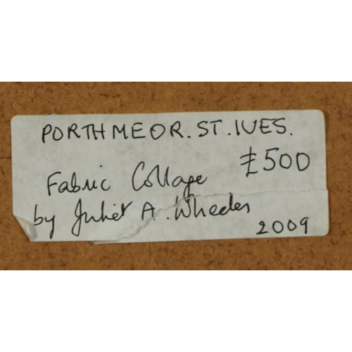 1316 - Juliet Wheeler - Porthmeor, St Ives, fabric collage, label verso, mounted, framed and glazed, 50cm x... 