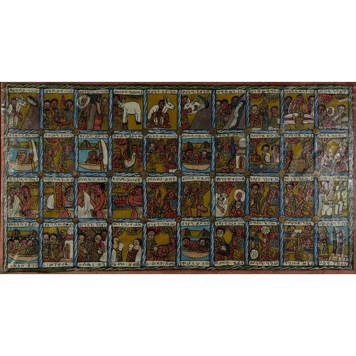 154 - Ethiopian Art Story, oil, possibly on vellum, framed, 123cm x 66cm excluding the frame