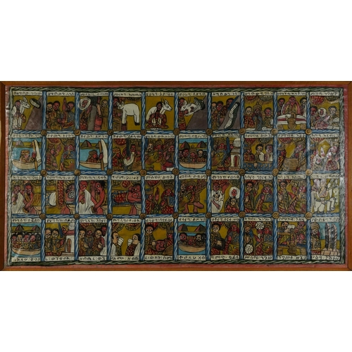 154 - Ethiopian Art Story, oil, possibly on vellum, framed, 123cm x 66cm excluding the frame