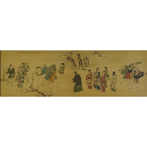 1701 - Figures and blossom trees, Chinese watercolour on silk, glazed, housed in a bamboo design frame, 75c... 