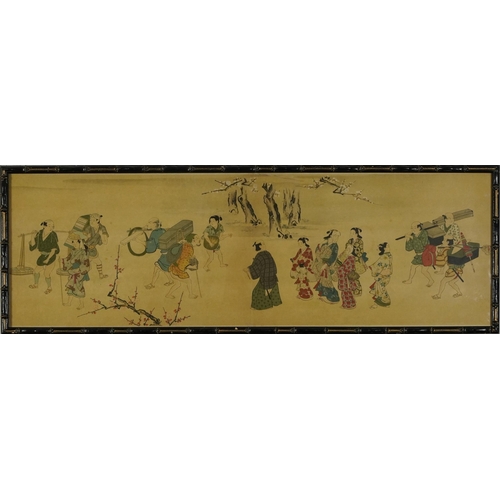 1701 - Figures and blossom trees, Chinese watercolour on silk, glazed, housed in a bamboo design frame, 75c... 