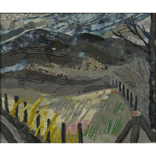 1314 - Juliet Wheeler - The Peak District, fabric collage, label verso, mounted, framed and glazed, 45cm x ... 