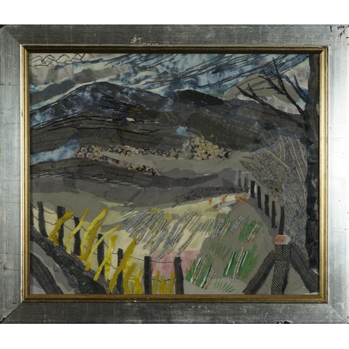 1314 - Juliet Wheeler - The Peak District, fabric collage, label verso, mounted, framed and glazed, 45cm x ... 