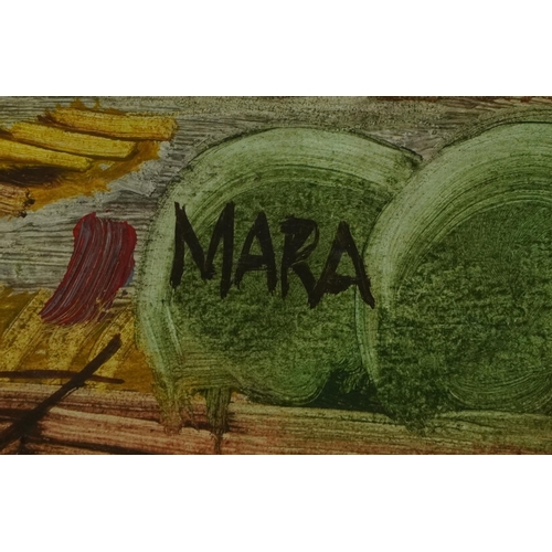 1317 - Mara - Chinese junks on water before figures and buildings, oil, framed and glazed, 69cm x 28.5cm ex... 