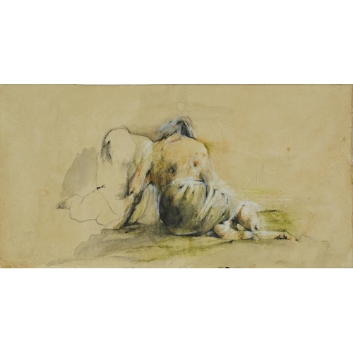 1704 - Two seated nude figures, heightened watercolour on card, unframed, 56cm x 29.5cm