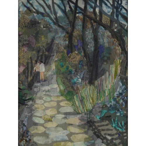 1290 - Juliet Wheeler - Two figures on a pathway, fabric collage, mounted framed and glazed, 53cm x 39cm ex... 