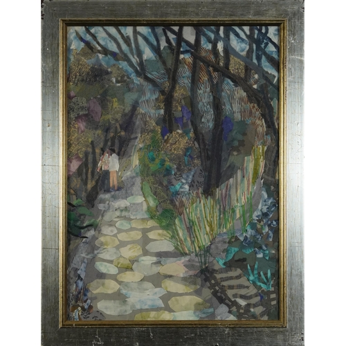 1290 - Juliet Wheeler - Two figures on a pathway, fabric collage, mounted framed and glazed, 53cm x 39cm ex... 