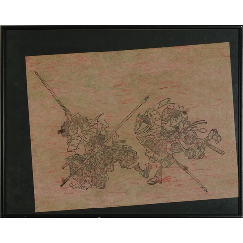 1700 - Archer on horseback and warriors, two Japanese prints, one with character marks, mounted, framed and... 