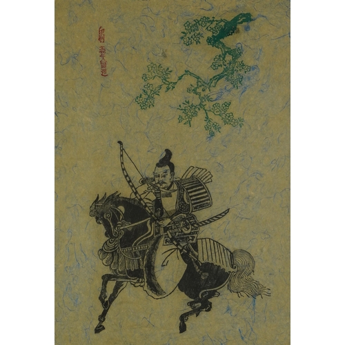 1700 - Archer on horseback and warriors, two Japanese prints, one with character marks, mounted, framed and... 