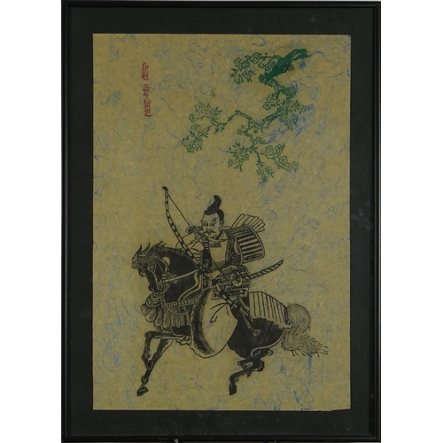 1700 - Archer on horseback and warriors, two Japanese prints, one with character marks, mounted, framed and... 