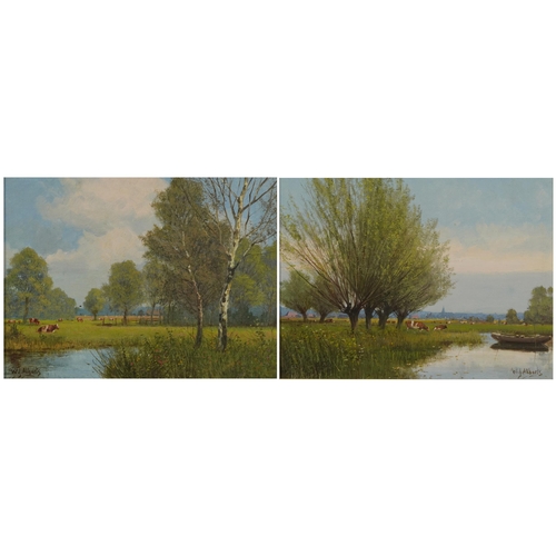 1699 - Willem Jacobus Alberts - Willows by the stream and cattle grazing, pair of Dutch oil on canvasses, e... 