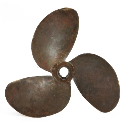 1493 - Phosphor bronze three blade boat propeller impressed D:425, 36cm in diameter