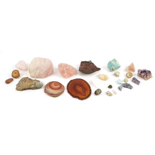 1495 - Collection of rock minerals and specimens including agate, rose quartz and amethyst, the largest 12c... 