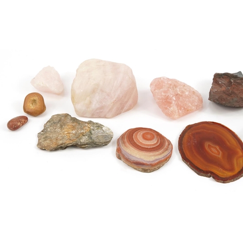 1495 - Collection of rock minerals and specimens including agate, rose quartz and amethyst, the largest 12c... 