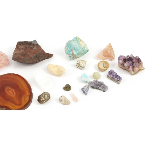 1495 - Collection of rock minerals and specimens including agate, rose quartz and amethyst, the largest 12c... 