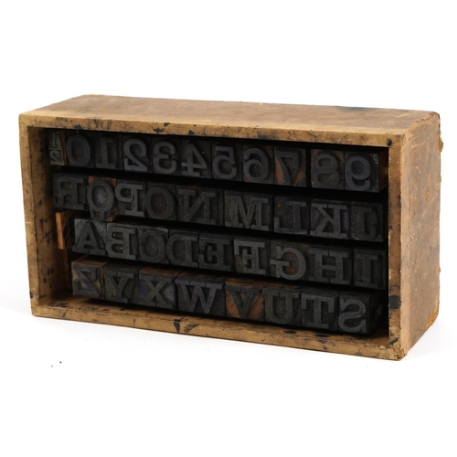 1496 - Set of vintage alphabet and numbers printer's blocks with fitted case