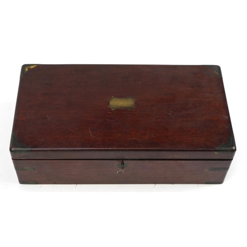 1499 - Victorian mahogany campaign style writing slope with fitted interior and glass inkwells, 15cm H x 50... 