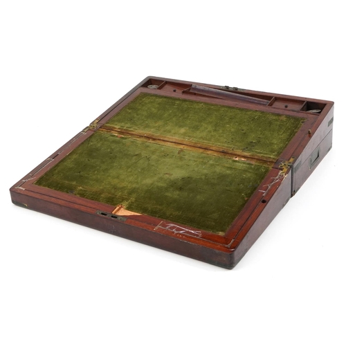 1499 - Victorian mahogany campaign style writing slope with fitted interior and glass inkwells, 15cm H x 50... 