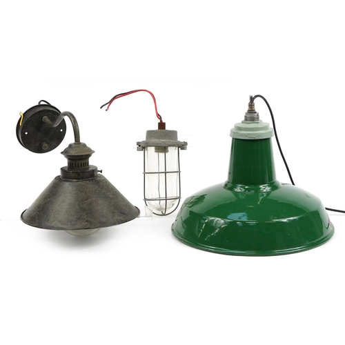 1479 - Three vintage and industrial style light fittings including a green enamelled metal light pennant, t... 