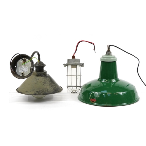 1479 - Three vintage and industrial style light fittings including a green enamelled metal light pennant, t... 