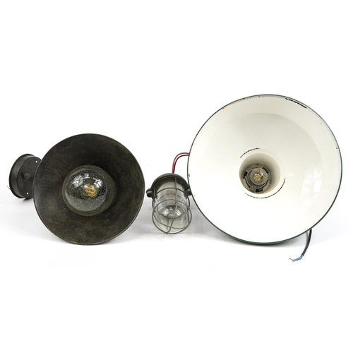 1479 - Three vintage and industrial style light fittings including a green enamelled metal light pennant, t... 