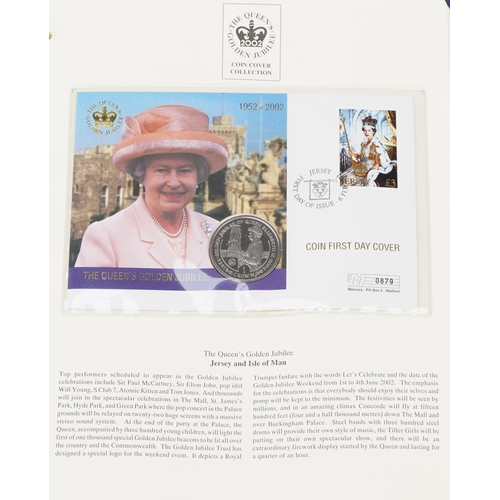 769 - The Queen's Golden Jubilee coin covers arranged in two albums including Isle of Man cover and Gibral... 