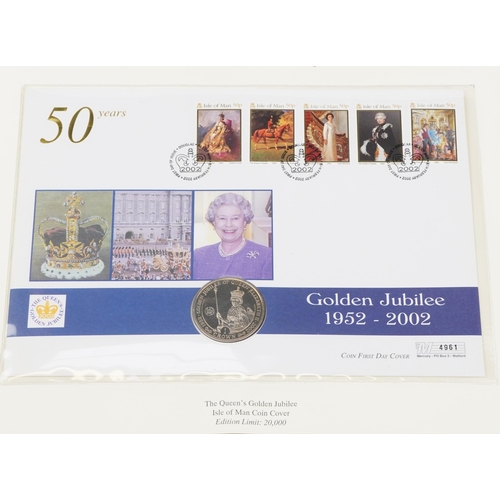 769 - The Queen's Golden Jubilee coin covers arranged in two albums including Isle of Man cover and Gibral... 