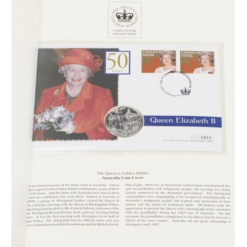 769 - The Queen's Golden Jubilee coin covers arranged in two albums including Isle of Man cover and Gibral... 