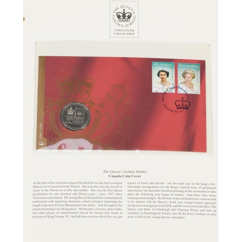 769 - The Queen's Golden Jubilee coin covers arranged in two albums including Isle of Man cover and Gibral... 