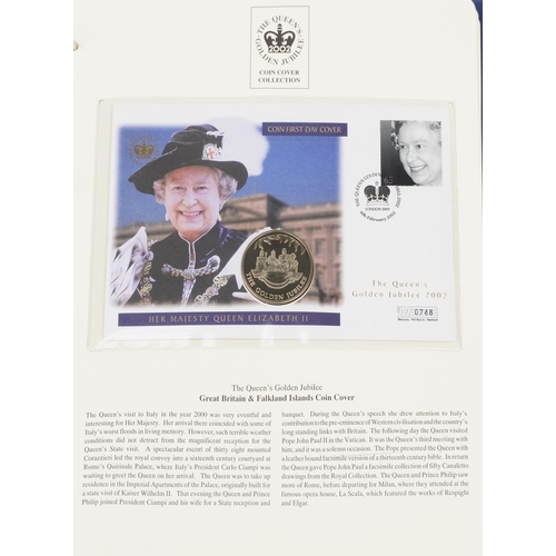 769 - The Queen's Golden Jubilee coin covers arranged in two albums including Isle of Man cover and Gibral... 