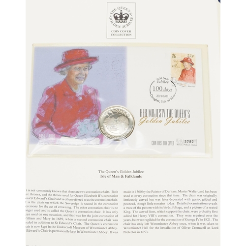 770 - The Queen's Golden Jubilee coin covers arranged in two albums including Isle of Man & Falklands cove... 