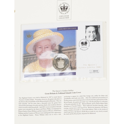 770 - The Queen's Golden Jubilee coin covers arranged in two albums including Isle of Man & Falklands cove... 