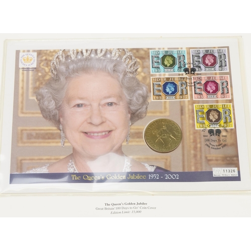 770 - The Queen's Golden Jubilee coin covers arranged in two albums including Isle of Man & Falklands cove... 