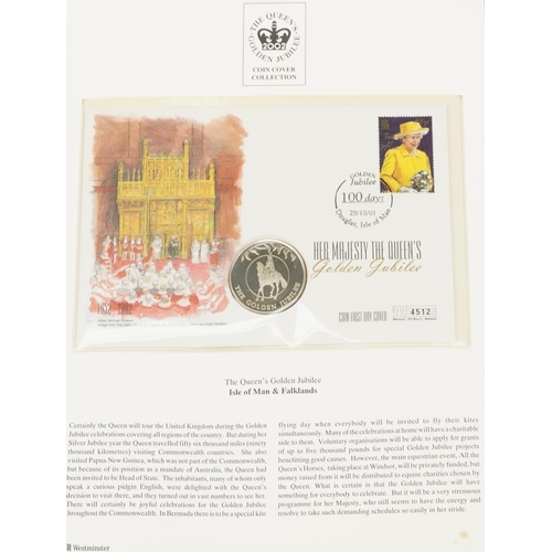 770 - The Queen's Golden Jubilee coin covers arranged in two albums including Isle of Man & Falklands cove... 